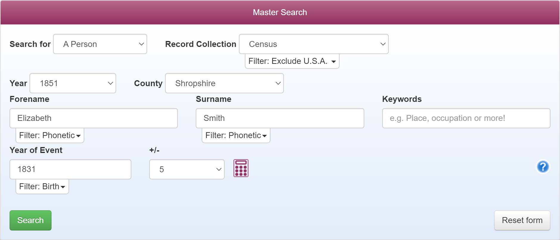 The Genealogist Census Search Example